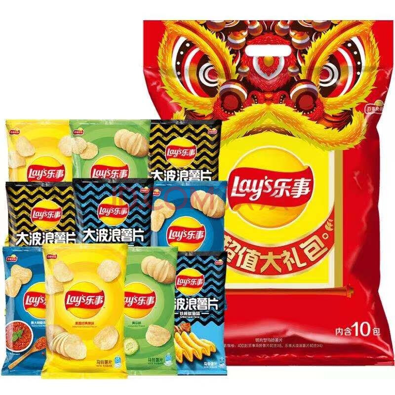 乐事薯片 多口味混合10包(黄瓜味 原味 红烩味 鱿鱼味 鸡翅味)零食大