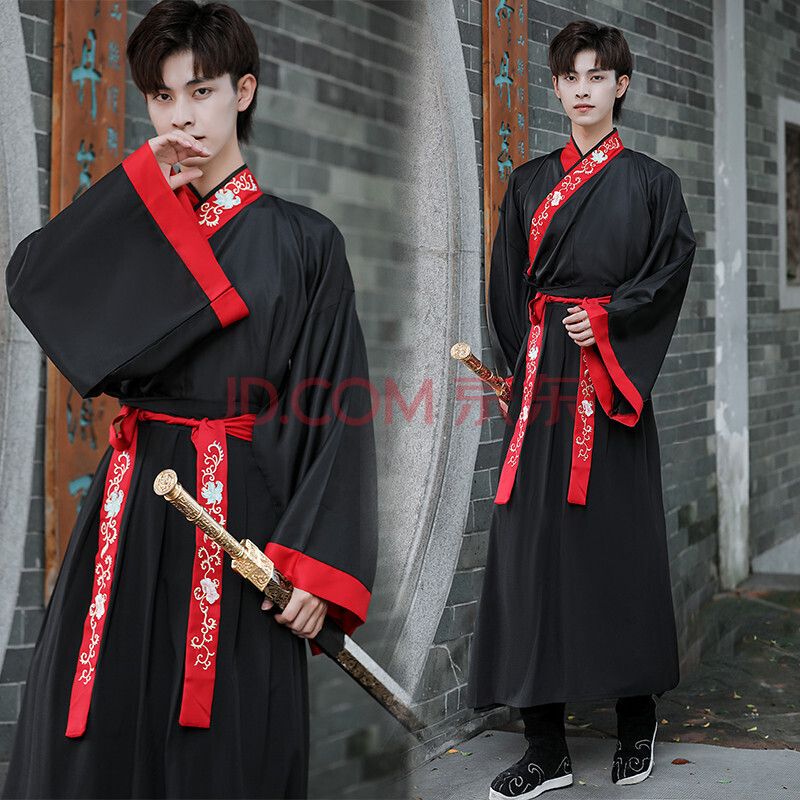 制武侠客古魏晋中国风服装套夏季原创仙气唐朝书生 领花广袖男黑套装