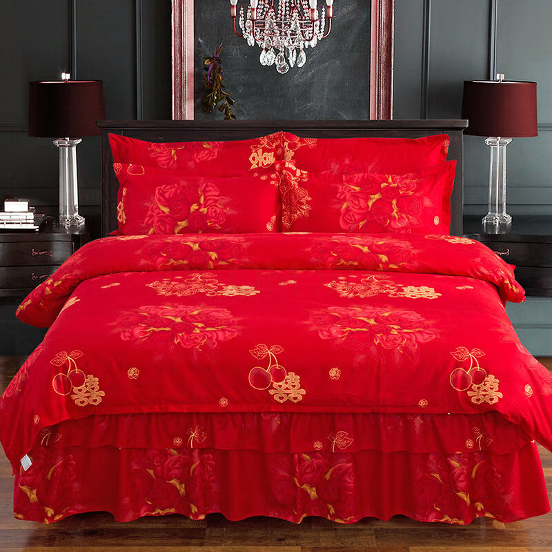 结婚四件套提花像全棉舒适新婚庆被套罩双人床裙大红色床上用品 家有