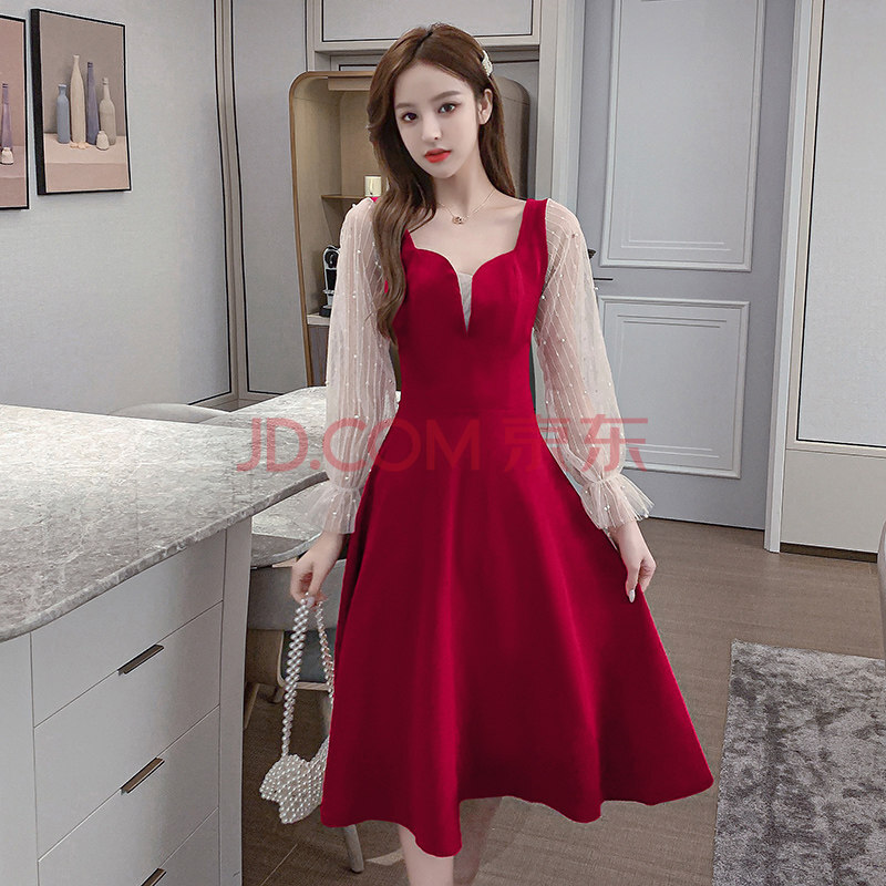 参加闺蜜婚礼穿搭女装订婚小礼服平时可穿红裙子敬酒服法式小红裙