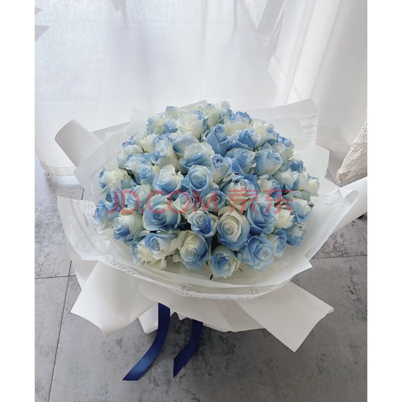 鲜花 同城配送密西根碎冰蓝白双色玫瑰花束生日礼物高端创意鲜花送