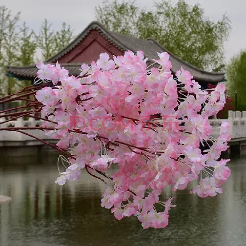 婚庆装饰吊顶桃花客厅落地插花假花绢花藤条 3叉单层樱花【浅粉色】