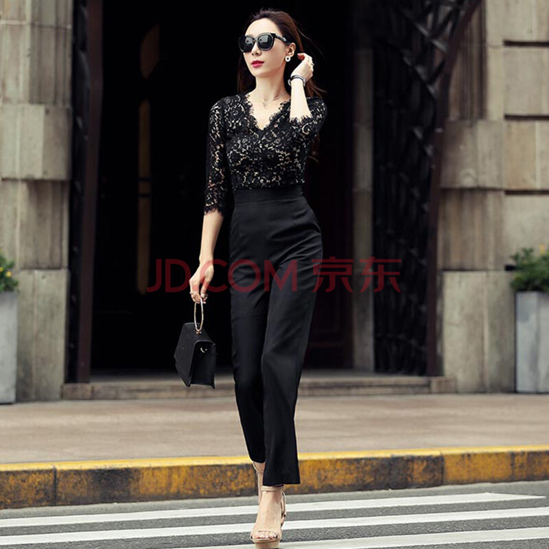 拼接蕾丝连体裤女春2021新款性感v领高腰显瘦韩版时尚休闲连衣裤 黑色