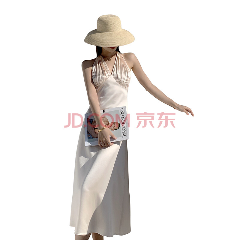 复古优雅设计高级感露背挂脖海边吊带连衣裙轻奢度假裙夏 杏色 l