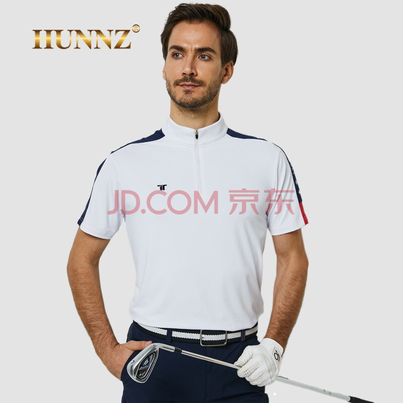 hunnz轻奢品牌高尔夫服装男短袖t恤户外运动速干立领高尔夫球衣男2021