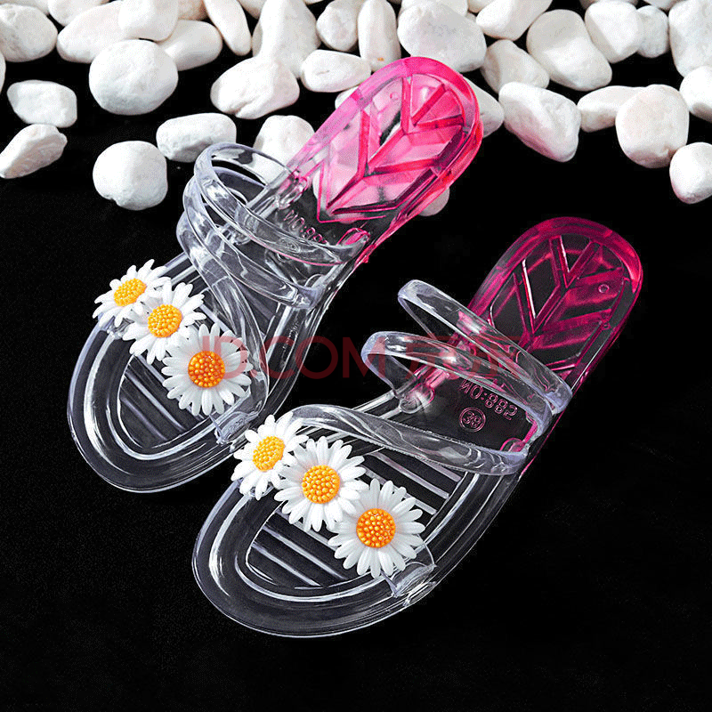 夏季女室内居家浴室塑料软底pvc水晶透明大码凉拖鞋双色菊花红色童鞋