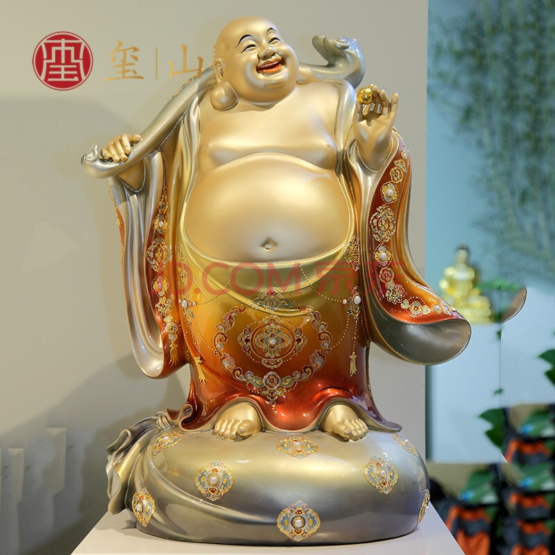 玺山 珐琅彩铜弥勒佛像纯铜笑佛像大肚弥勒佛摆件供奉家用弥勒菩萨