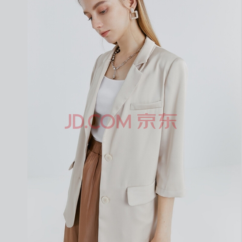 mofan2021秋简约甜美米色七分袖休闲西装外套女宽松优雅西服上衣 米色