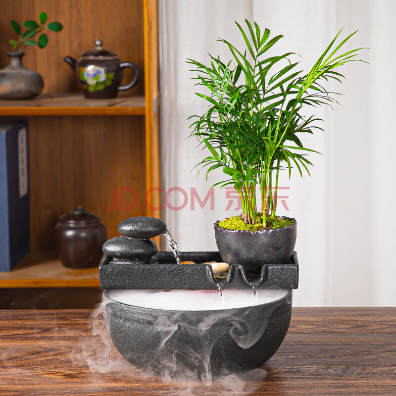 中式简约绿植盆景流水雾化喷泉摆件客厅陶瓷鱼缸加湿器风水转运财源