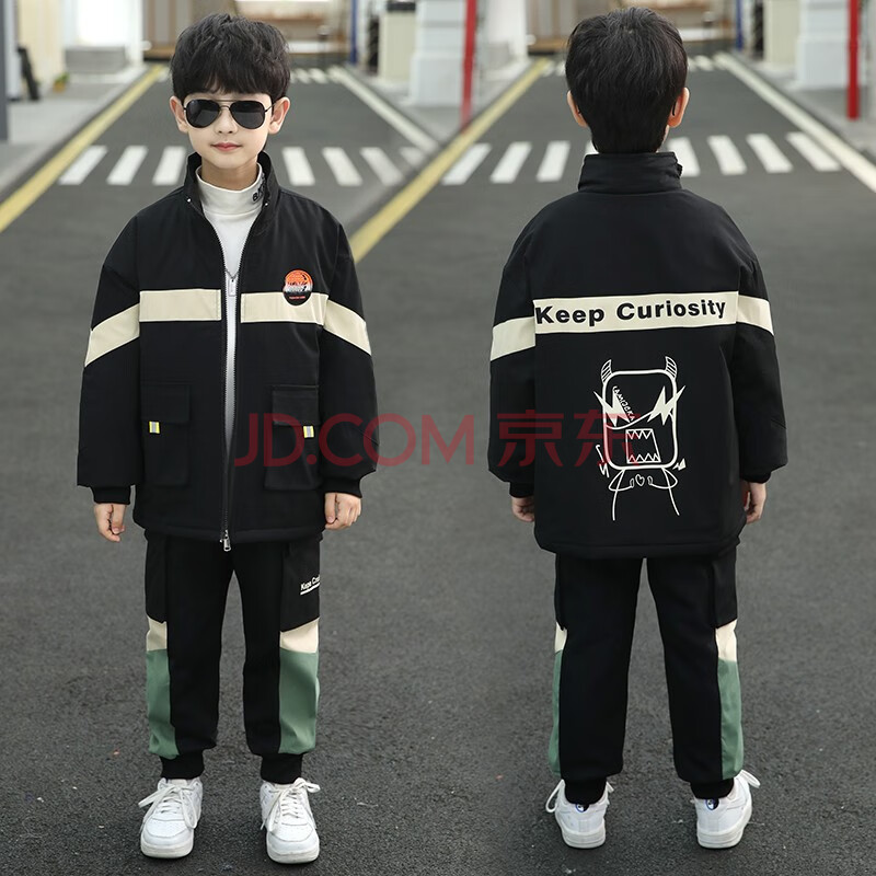 12岁小学生10男孩帅气休闲中大童加厚两件套 黑色 150cm【140-150cm