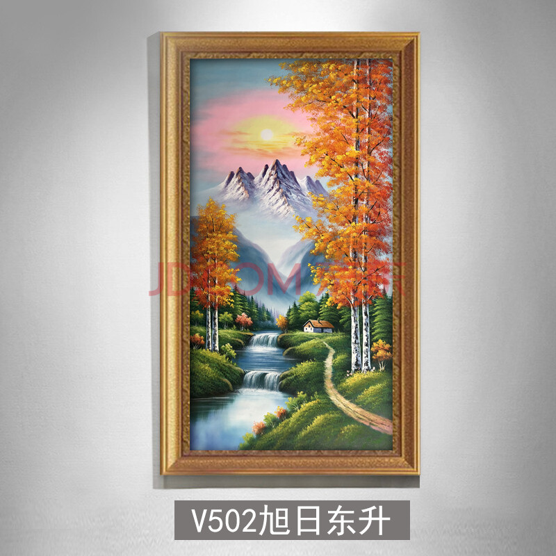 欧式油画聚宝盆山水画玄关装饰画竖版过道风水靠山美式挂画招财画