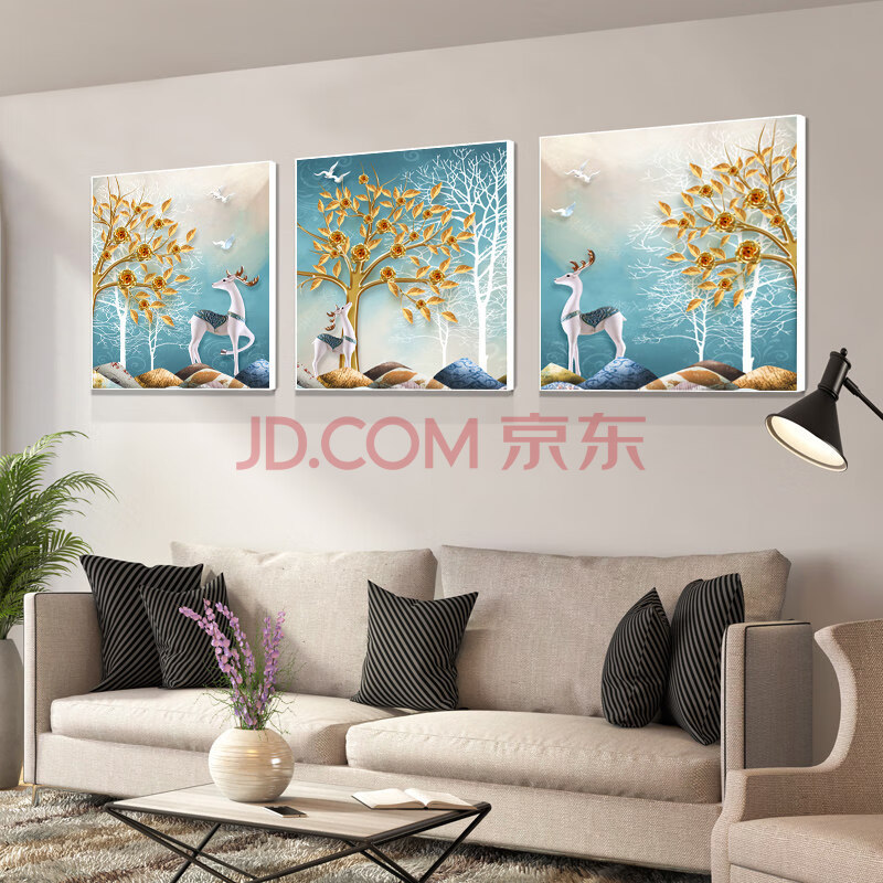 客厅装饰画简约现代卧室三联画无框画北欧麋鹿挂画沙发背景墙壁画 2