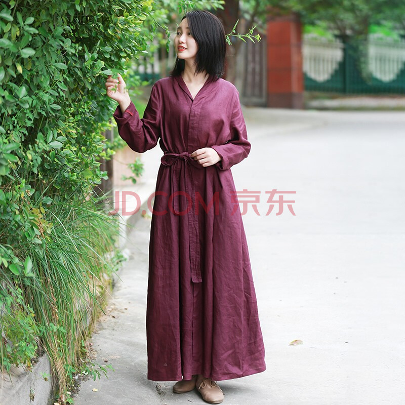 在江南民族风亚麻文艺范紫色系带连衣裙2020春季新款女装复古优雅长裙