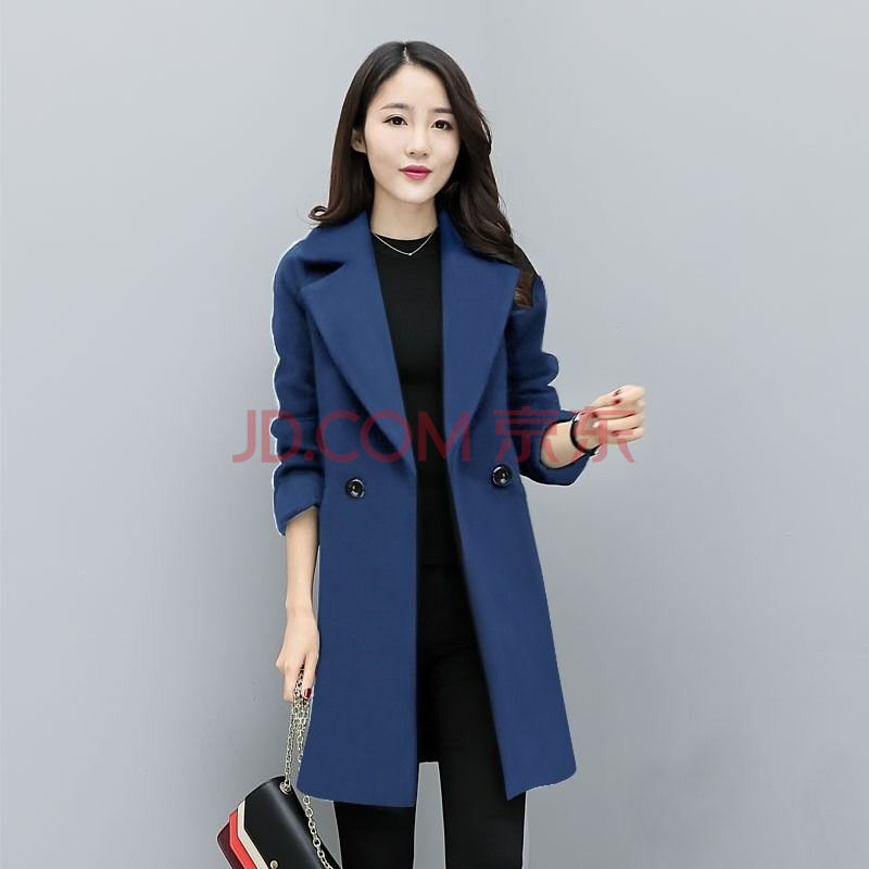 龙凤呢 毛呢外套女中长款韩版2020新款秋冬加厚流行呢子大衣 蓝色 2xl