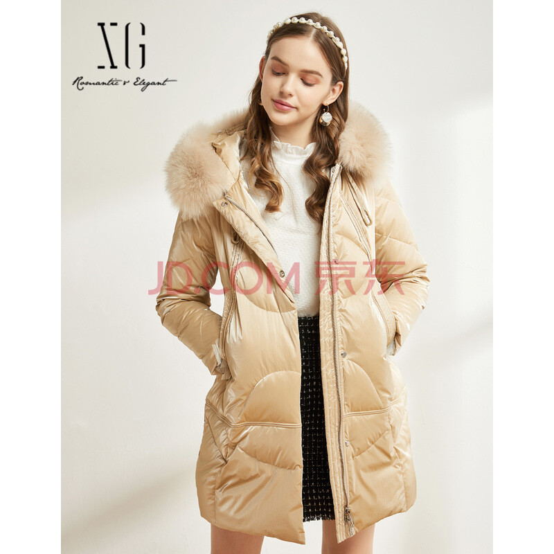 xg2019新款连帽羽绒服女中长款韩版加厚保暖狐狸大毛领外套女 香槟色