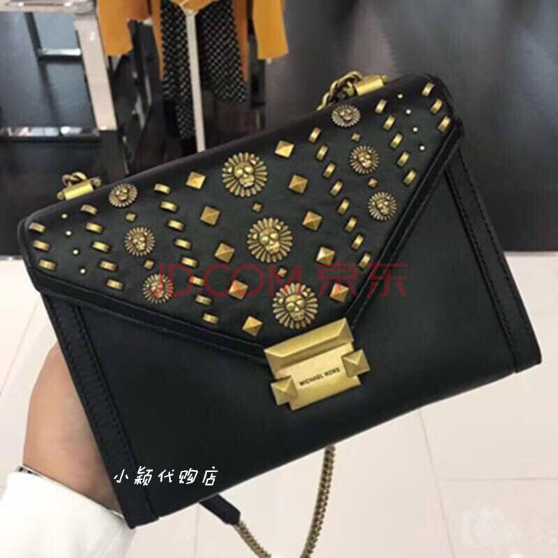 美国代购mk女包whitney铆钉斜挎单肩羊皮翻盖山茶花信封链条包 狮子头