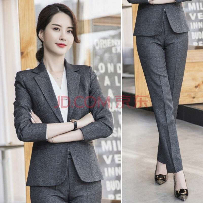 精品小西装套装女长袖职业装女装春装时尚正装修身西服外套 深灰色