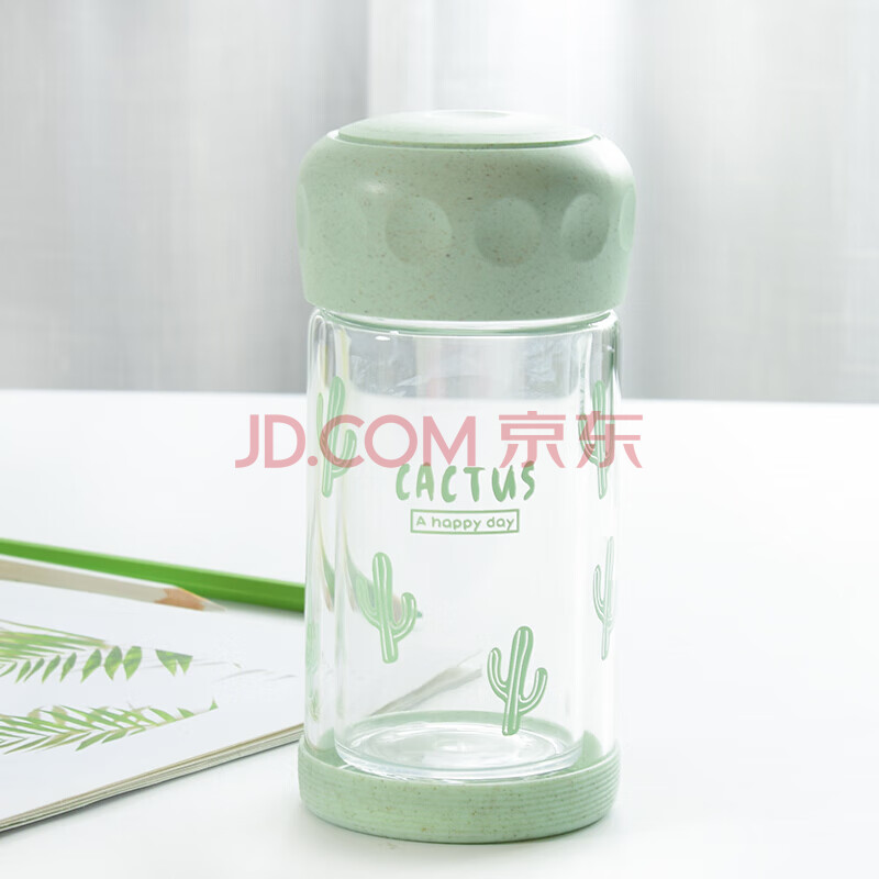 简约双层隔热水杯茶杯家用小号喝水的杯子 点点盖玻璃杯-仙人掌200ml