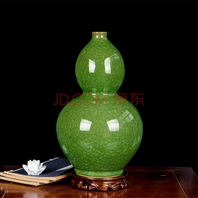 仿古冰片裂纹釉花瓶插花客厅家居装饰品摆件绿色 绿色葫芦瓶 底座