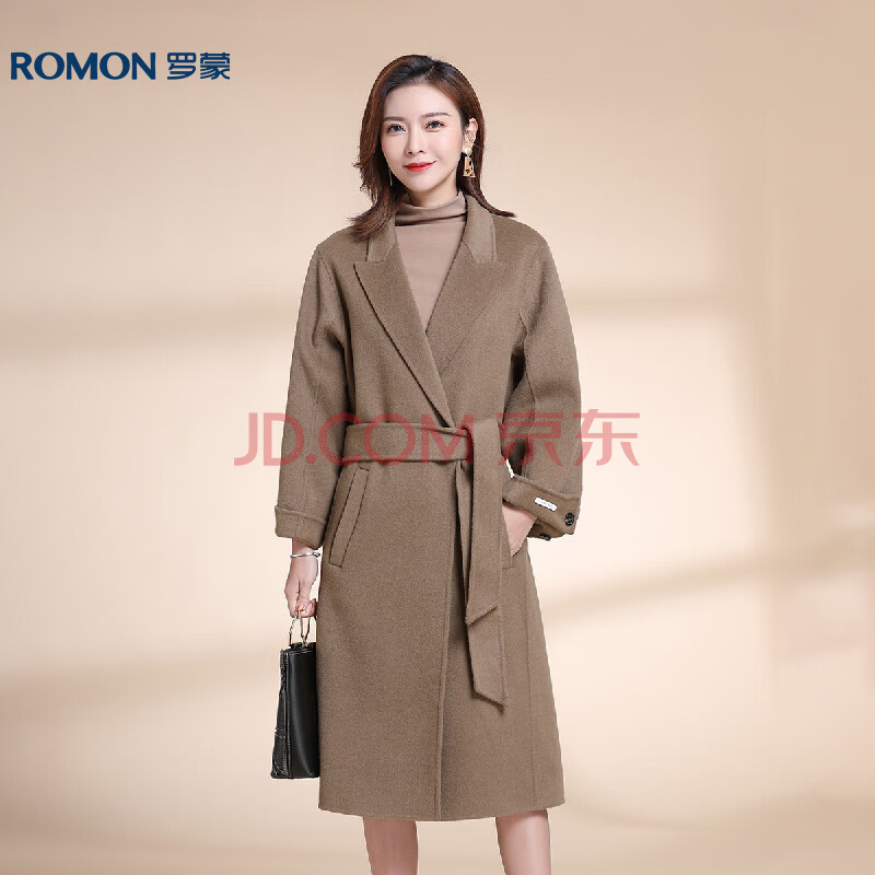罗蒙romon 新品首发纯色宽松时尚长款双面呢外套女式羊绒大衣 可可色