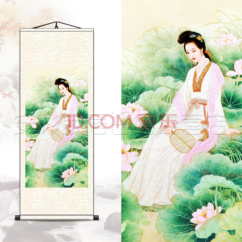 仕女图人物工笔画挂画唐朝古代美女乐器古风居家客厅装饰丝绸卷轴 o