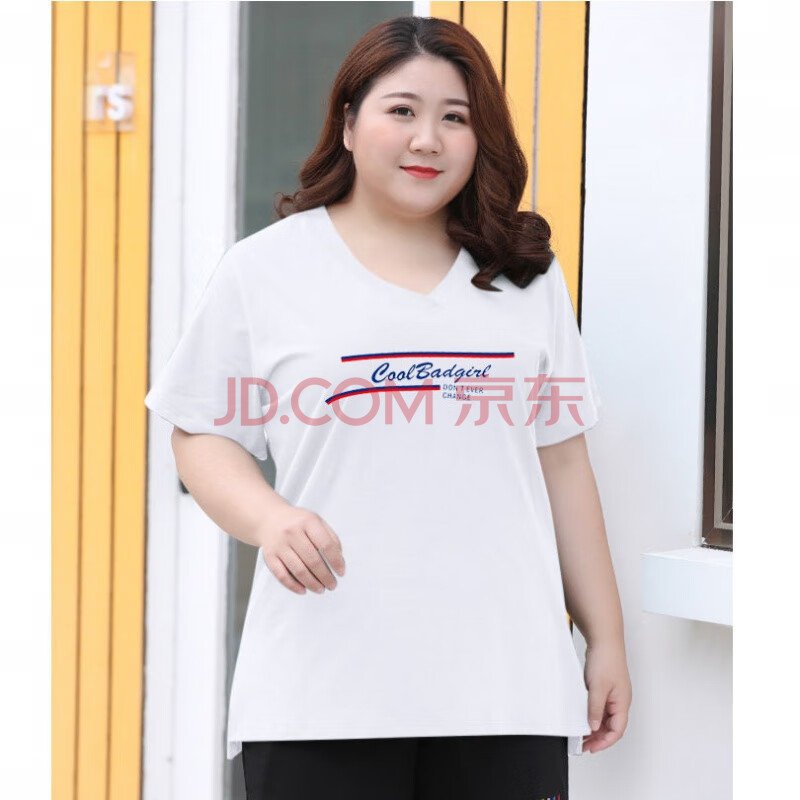200斤胖mm加肥大码女装短袖t恤女胖子衣服肥婆装夏款宽松上衣显瘦 v领
