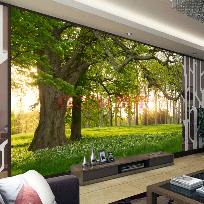 无缝3d自然风景绿色森林树林壁画电视背景墙纸客厅沙发影视墙大树