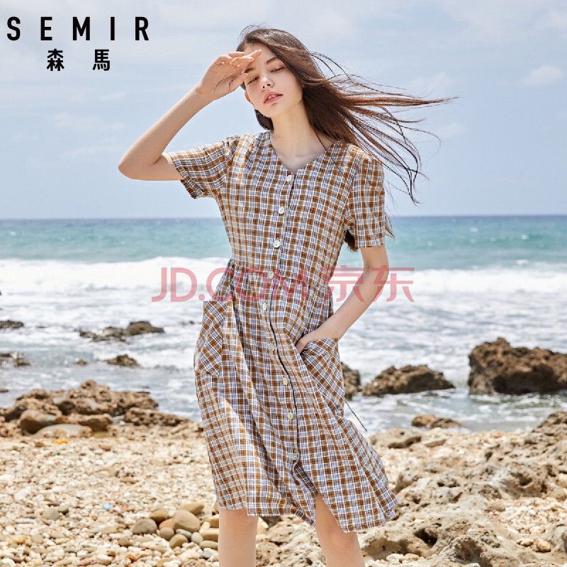森马semir 秋季新款格纹文艺裙子v领绑带设计感复古学生连衣裙女 咖