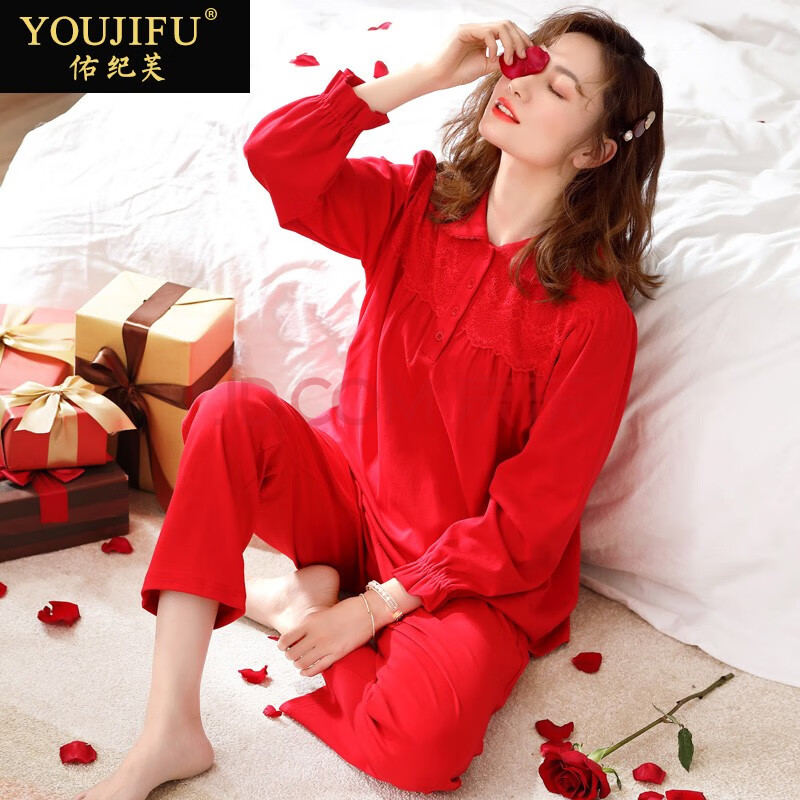 佑纪芙轻奢品牌睡衣女睡裙春秋款纯棉长袖家居服全棉大红色本命年鼠年