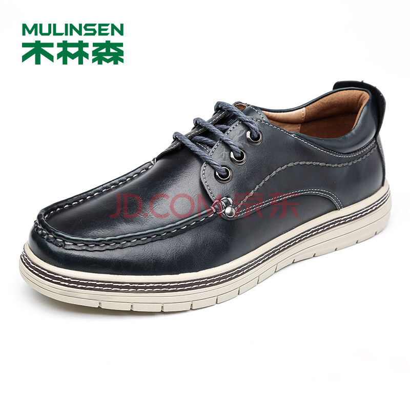 木林森(MULINSEN)潮流男鞋帆船鞋 日常休閑時尚單鞋簡約車縫線休閑板鞋 黑藍 40碼 SL77317