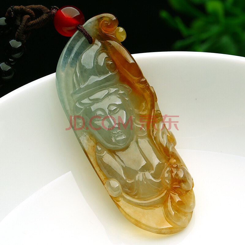 执玉珠宝 冰糯种玉石翡翠观音头像吊坠 缅甸玉器冰黄翡项坠附证书