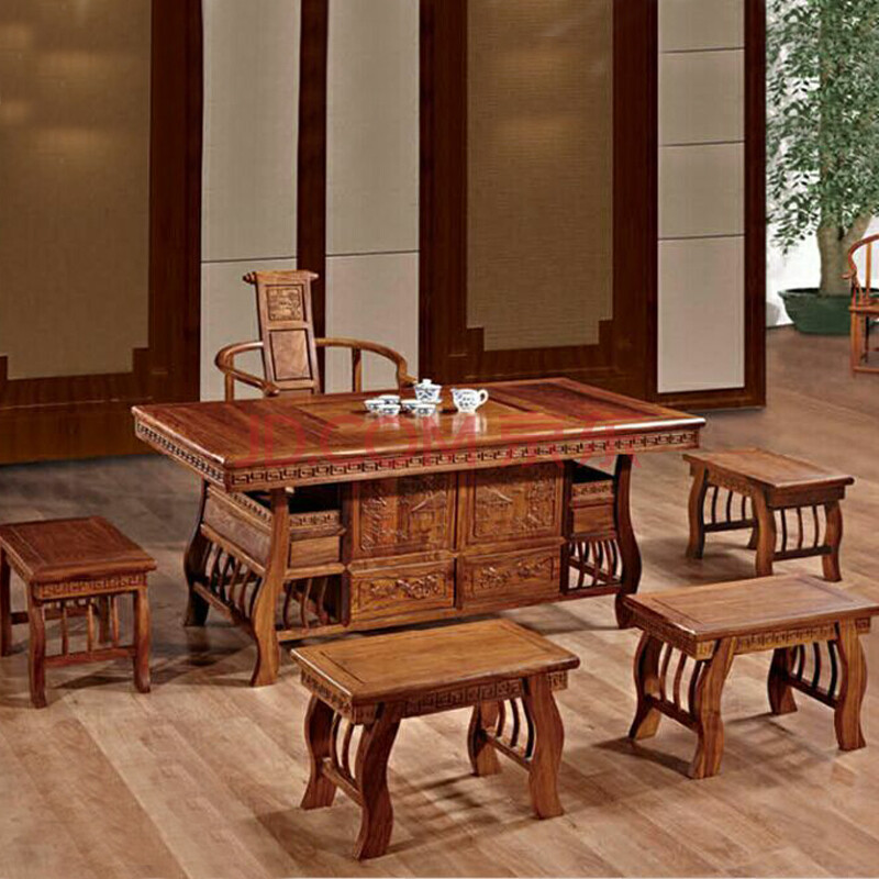 尤亚茶桌椅组合 老榆木功夫茶桌茶台实木仿古中式家具