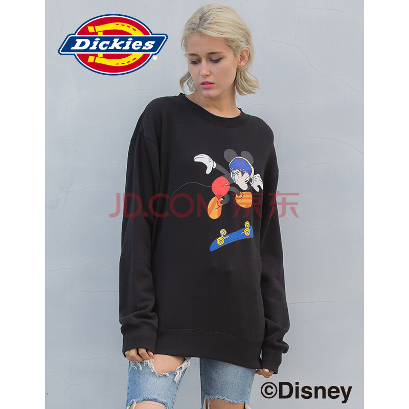 Dickies&Mickey MouseºÏ×÷ÄÐŮͬ¿î ×¥ÈÞÓ¡»¨Ô²ÁìÎÀÒÂ173U30MK03 BKºÚÉ« S/165