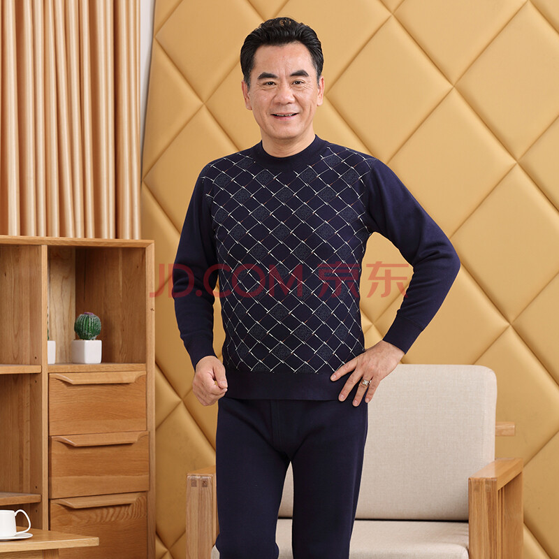 洛凌中老年男士保暖内衣套装男土加绒加厚高领爸爸保暖衣老人大码冬季 2380-2_藏青_【衣服+裤子】 M(165/90)_推荐体重95-100斤