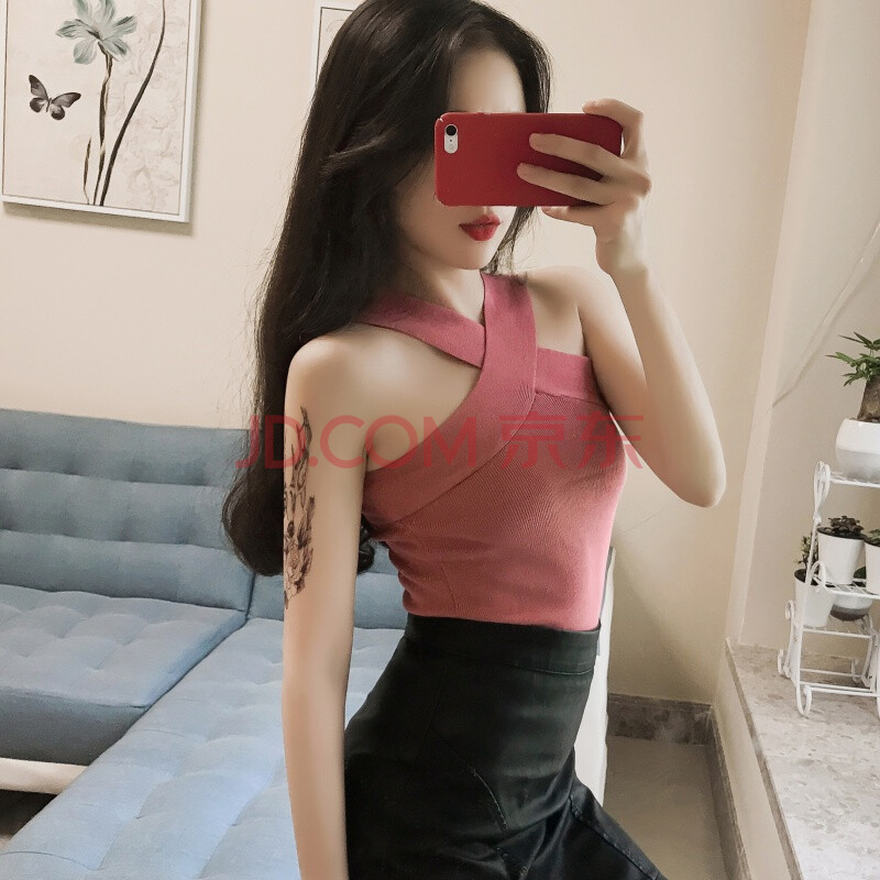 夏针织短款性感吊带挂脖露肩无袖打底衫上衣紧身抹胸外穿小背心女