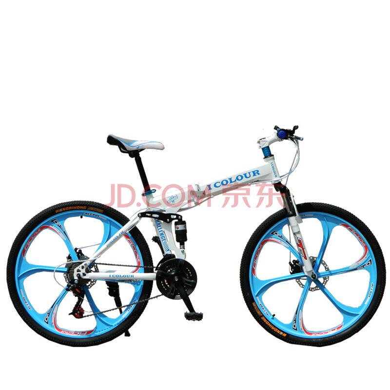 骑彩自行车26寸21速折叠山地车双碟刹双减震路虎一体轮 白蓝一体轮