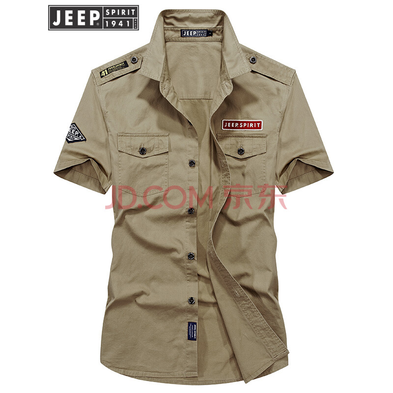 吉普JEEP 短袖襯衫男夏季中年工裝薄款襯衣大碼休閑帥氣百搭純棉軍裝寸衫潮流 WGQ0236卡其 XL