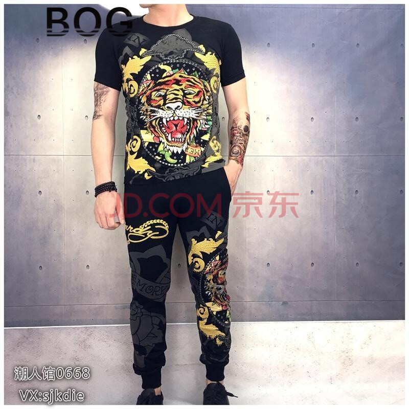 BOG 伟奇香港潮牌夏季男女老虎头烫钻短袖t恤长裤圆领修身社会人小伙精神印花休闲情侣大码运动服套装潮 黑色长裤套装 XL