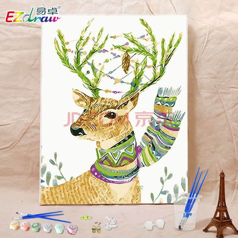 卓diy数字油彩画油花挂画鹿客厅自绘水彩油画填色画手绘装饰画 围巾鹿