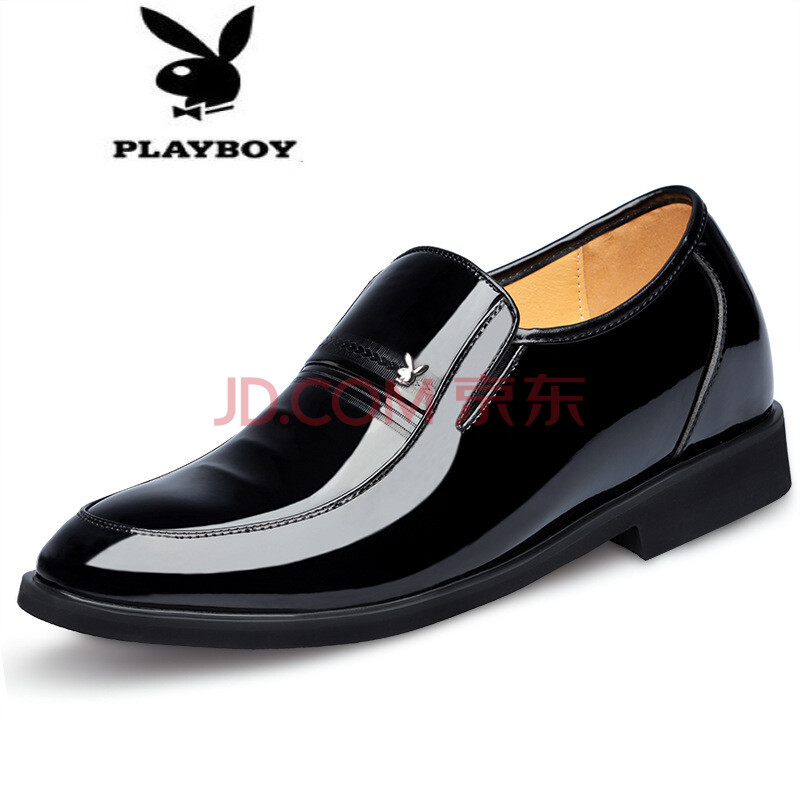 PLAYBOY皮鞋男2018新款商務正裝男鞋漆光皮套腳印花結婚鞋牛皮 7112增高款 39