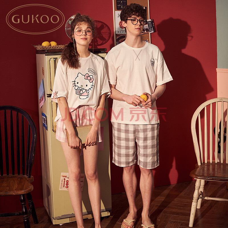 Gukoo/果壳正版Hello Kitty情侣睡衣纯棉睡衣卡通套装女睡衣套装 卡通家居男套 L