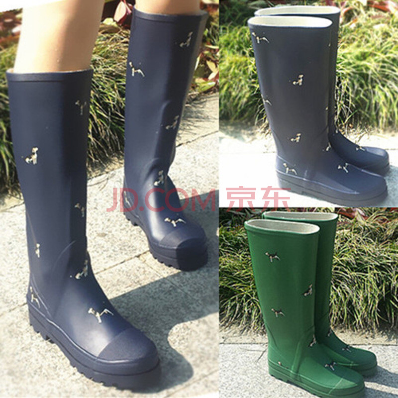 2018春季新款時尚高筒雨靴女長筒水靴女式印花防滑成人雨鞋顯瘦 藍色小狗 38