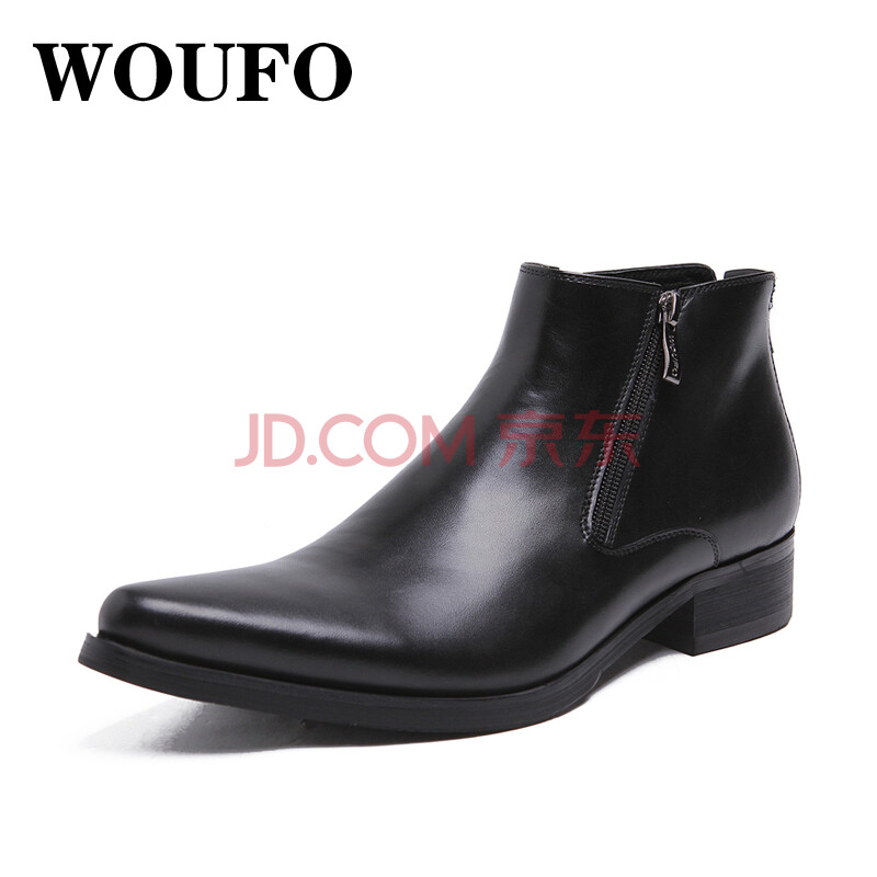 WOUFO牛皮搭扣短靴英倫尖頭男靴商務正裝皮靴 韓版中筒靴日常戶外靴真皮潮靴百搭馬丁靴男 男士靴子 黑色 光皮 0838-506 42