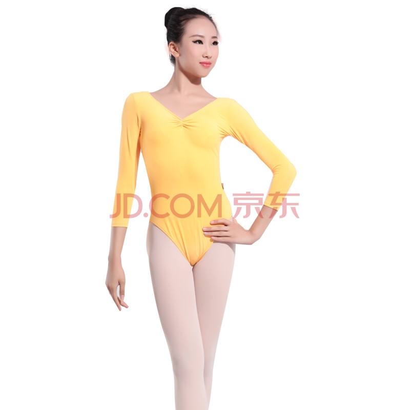 成人芭蕾舞蹈练功服七分袖 形体服考级服体操服 舞蹈服连体衣 黄色 l