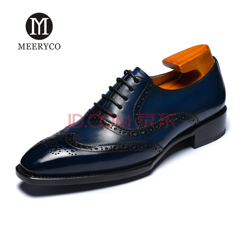 MEERYCO 固特异手工皮鞋男定制2018夏季新款商务正装手绘擦色男鞋牛津方头系带婚鞋 深蓝色 37