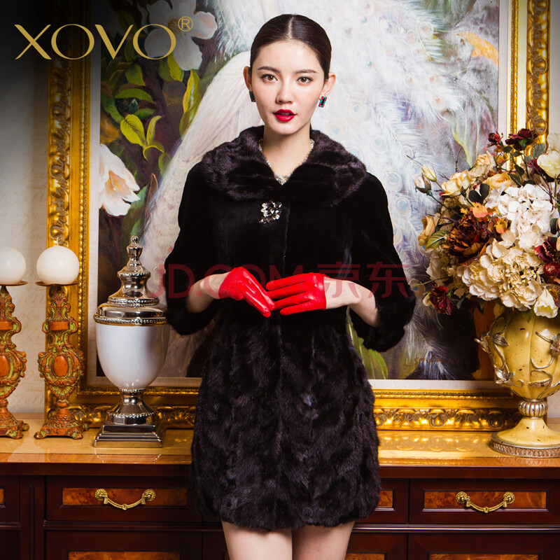 xovo高端女装 2014海宁水貂皮草特价清仓 整貂毛领拼貂貂皮大衣水貂