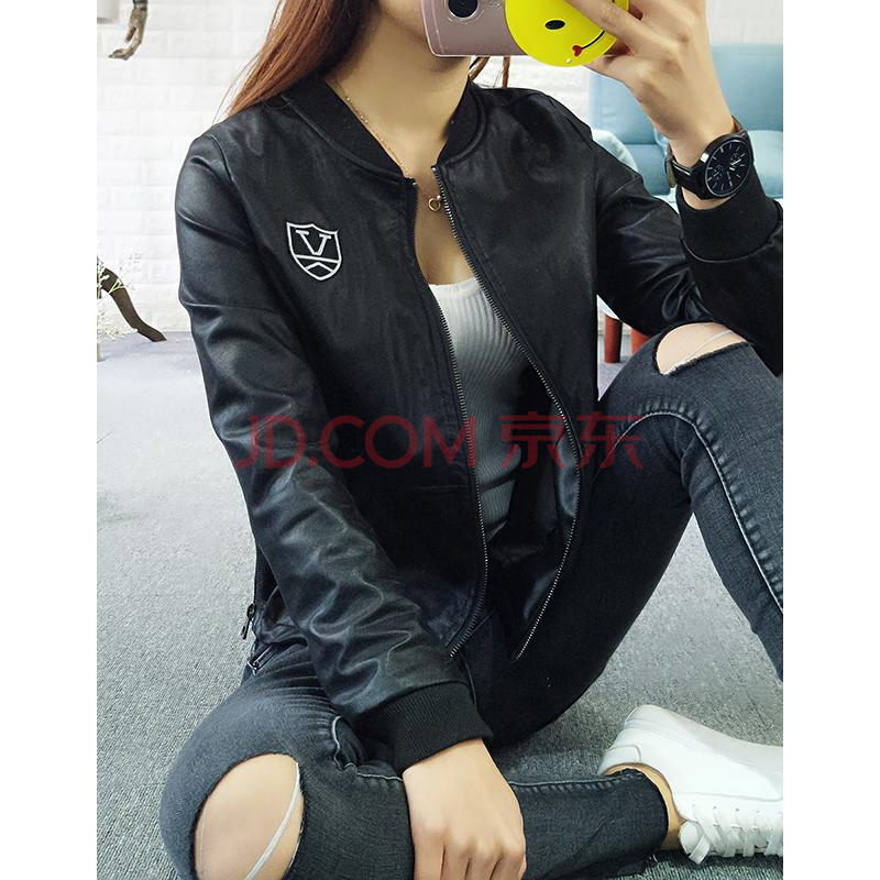 韩版春秋修身长袖棒球服女机车百搭pu皮衣小夹克圆领短款皮衣夹克 黑色 正版 S