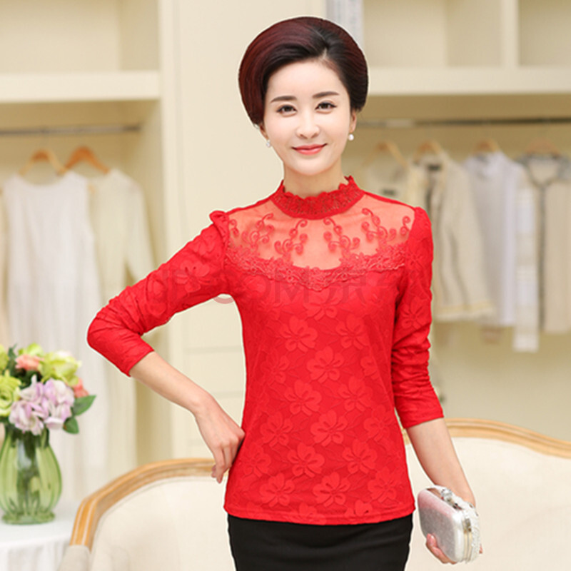 唐莲中老年女装长袖t恤衫妈妈装春装打底衫蕾丝领中年女士时尚春季