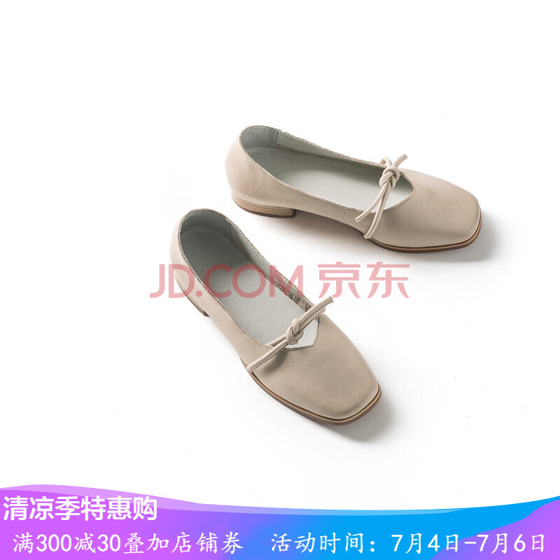 青婉田新款淺口單鞋女 文藝復古瑪麗珍鞋蝴蝶結方頭奶奶鞋 設計師女鞋CD0708 米白 35