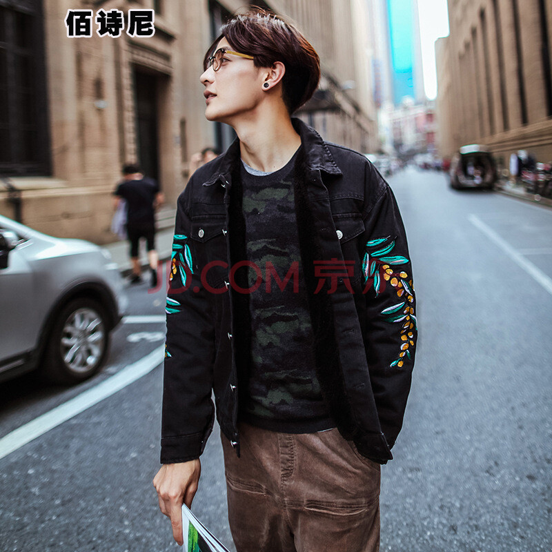 秋冬新款日系亮系刺绣潮男休闲简约羊羔毛内衬宽松棉衣外套 黑色 xl